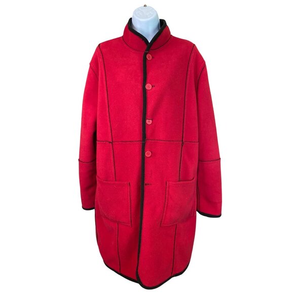 Susan Graver Black Reversable Fleece Coat L Red Stitching Minimalist Vintage - Picture 4 of 10